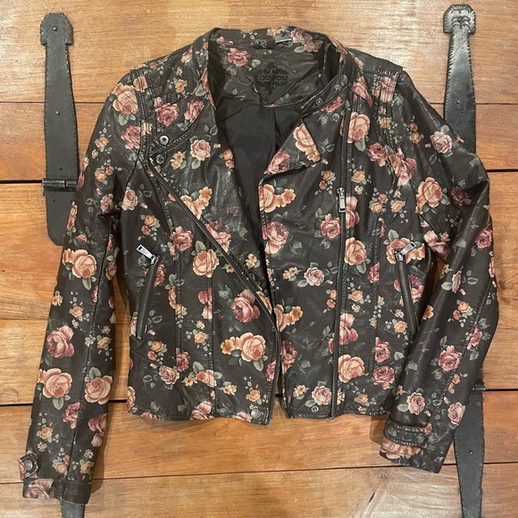 Women’s JouJou Brown Leather Jacket with Floral Print Size Medium - Picture 3 of 9